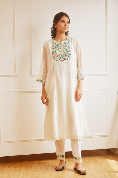 Juanita- Handwoven chanderi ivory a line kurta set