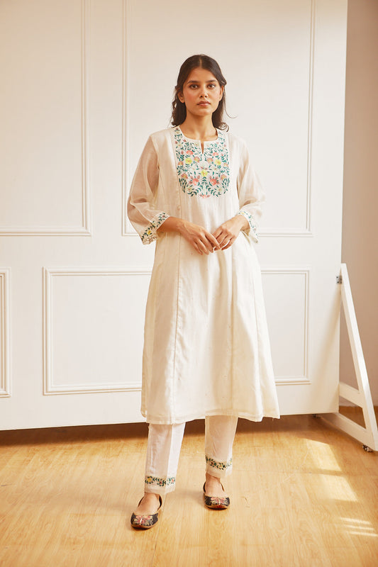 Juanita- Handwoven chanderi ivory a line kurta set