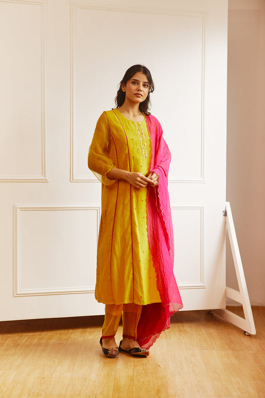 Juanita- Handwoven chanderi ochre comfort fit kurta with embellishment of dabka pitta embroidery set