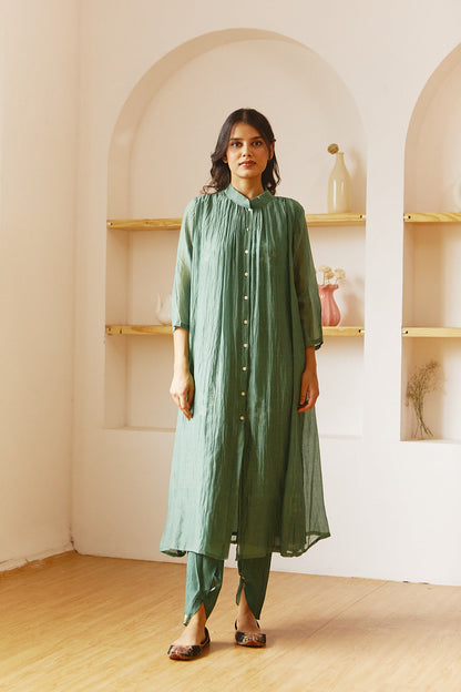 Juanita- Hadwoven chanderi comfort fit emerald green co-ord set