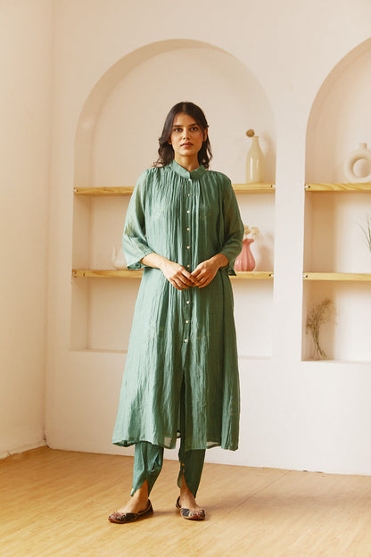 Juanita- Hadwoven chanderi comfort fit emerald green co-ord set