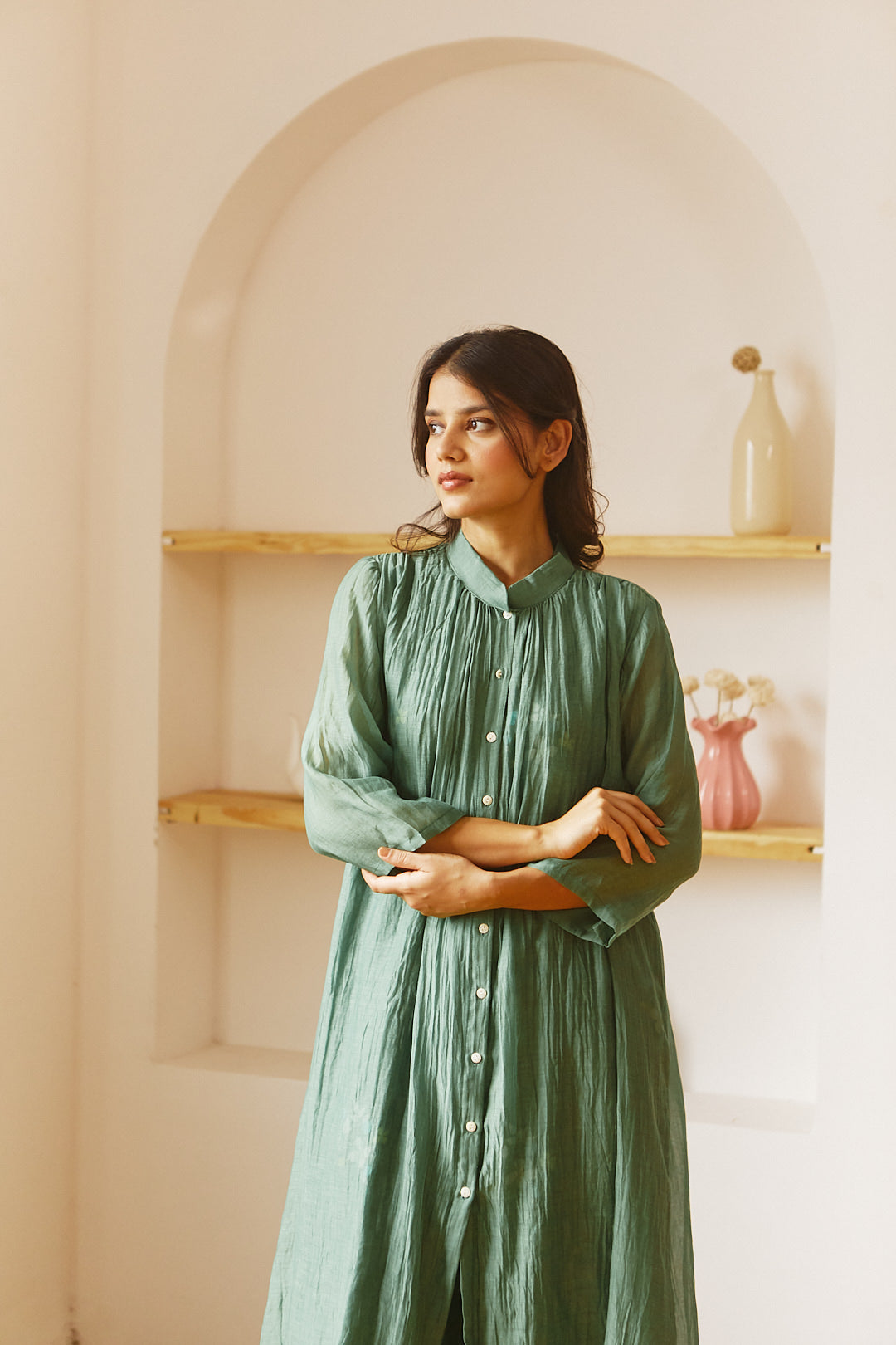 Juanita- Hadwoven chanderi comfort fit emerald green co-ord set