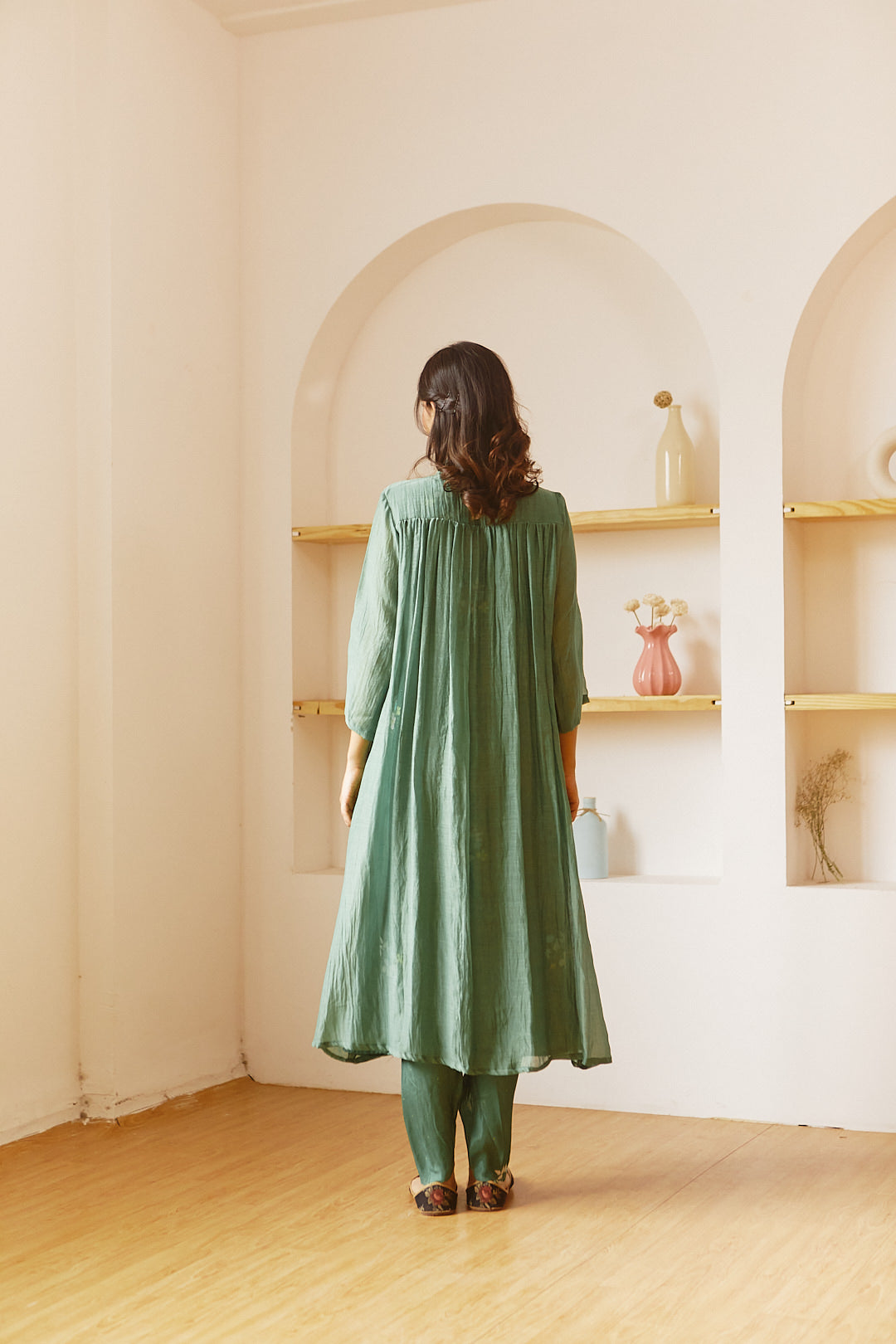 Juanita- Hadwoven chanderi comfort fit emerald green co-ord set