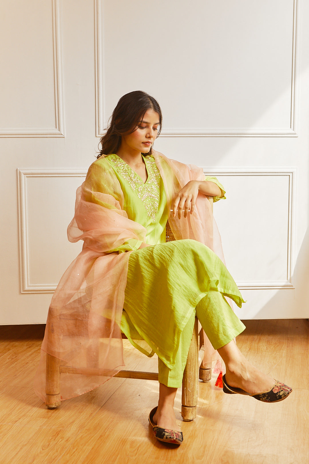 Juanita- Handwoven chanderi comfort fit kurta set in lime green color with embellishment of silver dabka pitta hand embroidery