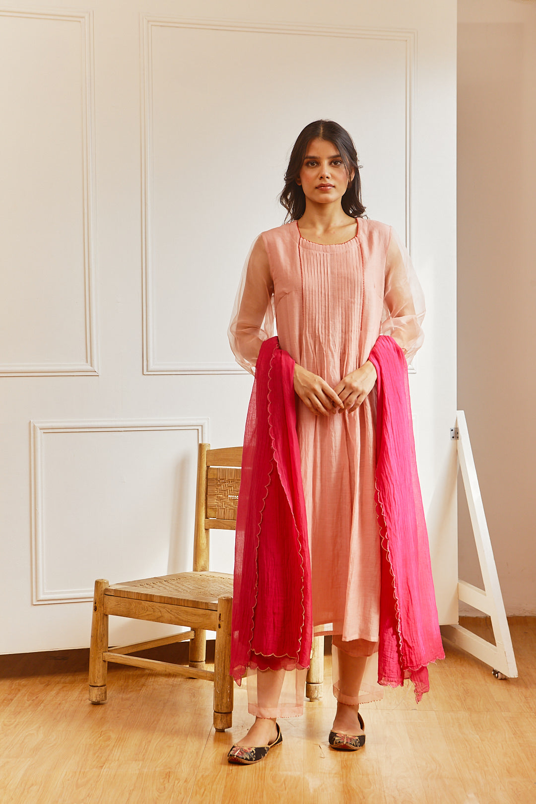 Juanita- Handwoven chanderi comfort fit kurta set in persian old rose color