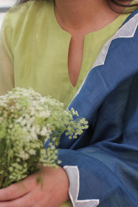 Juanita- Fabric ~Handwoven chanderi and handloom cotton- Ochre lime and royal blue