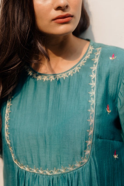 Juanita- Handwoven Chanderi Persian Green Comfort Fit Kurta