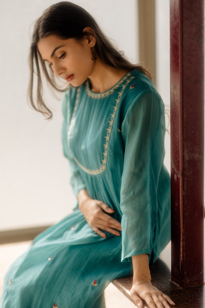 Juanita- Handwoven Chanderi Persian Green Comfort Fit Kurta
