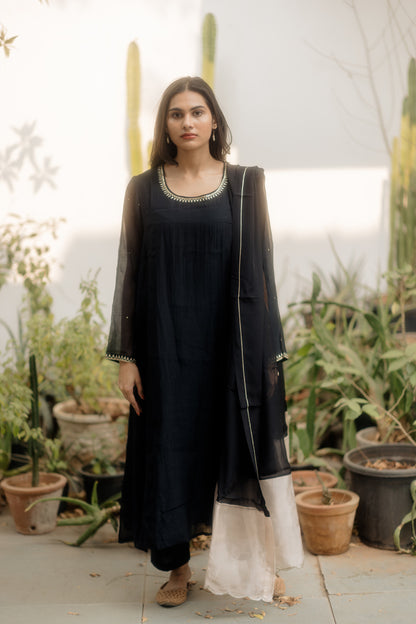 Juanita- Handwoven Chanderi Midnight Black Comfort Fit side Kalidar Kurta set