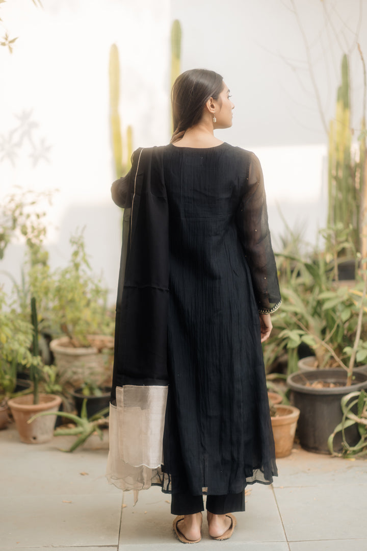 Juanita- Handwoven Chanderi Midnight Black Comfort Fit side Kalidar Kurta set