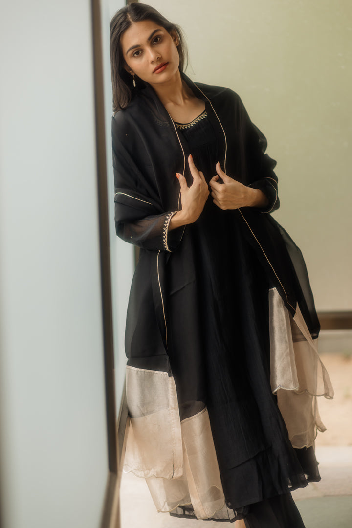 Juanita- Handwoven Chanderi Midnight Black Comfort Fit side Kalidar Kurta set
