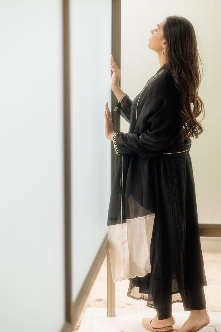 Juanita- Handwoven Chanderi Midnight Black Comfort Fit side Kalidar Kurta set
