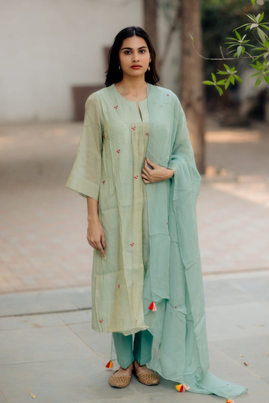 Juanita- Handwoven Chanderi Comfort Fit Kurta Set in Shade’s of Aquamarine