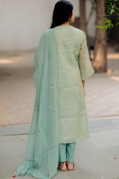 Juanita- Handwoven Chanderi Comfort Fit Kurta Set in Shade’s of Aquamarine