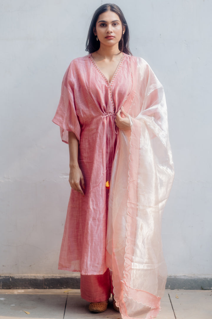 Juanita- Handwoven Zari Comfort Fit Kaftan Set in Light Rose Color