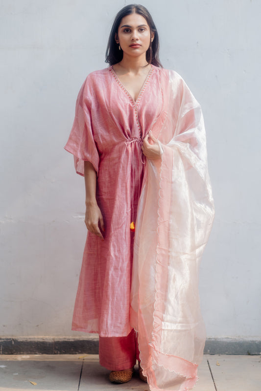 Juanita- Handwoven Zari Comfort Fit Kaftan Set in Light Rose Color