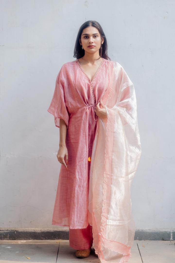 Juanita- Handwoven Zari Comfort Fit Kaftan Set in Light Rose Color