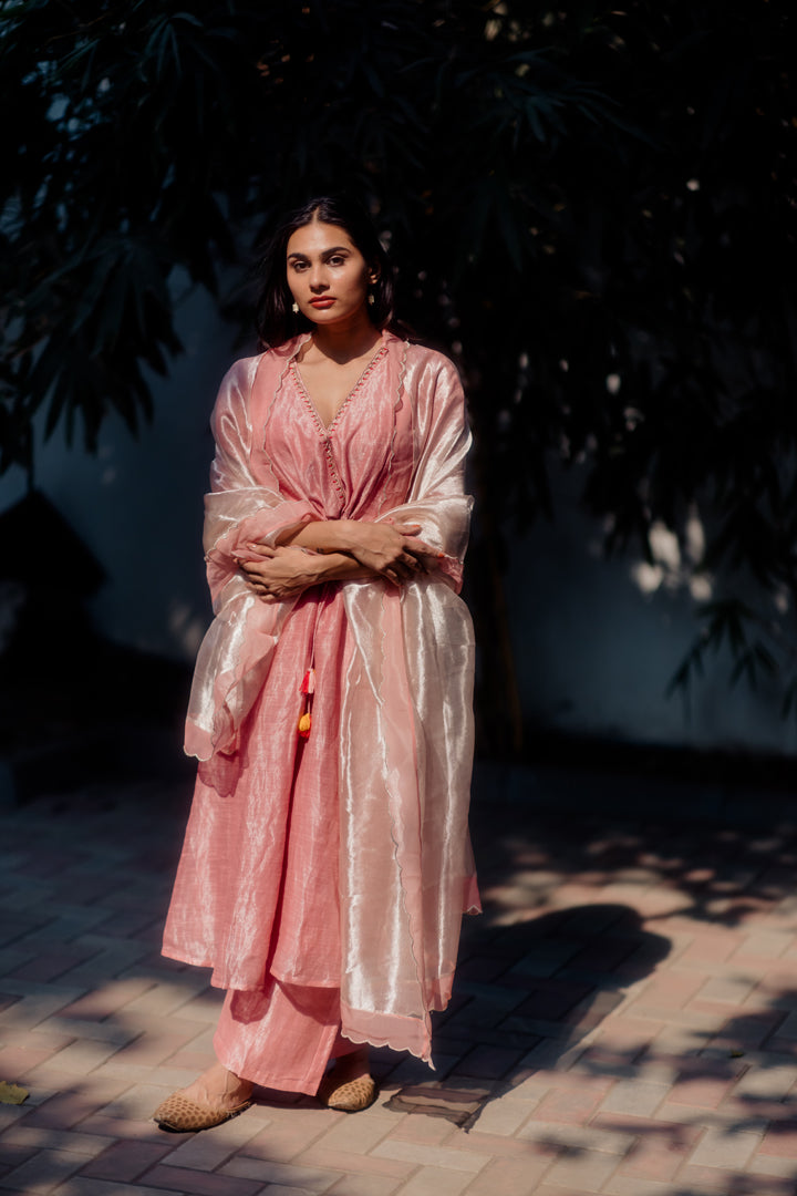 Juanita- Handwoven Zari Comfort Fit Kaftan Set in Light Rose Color