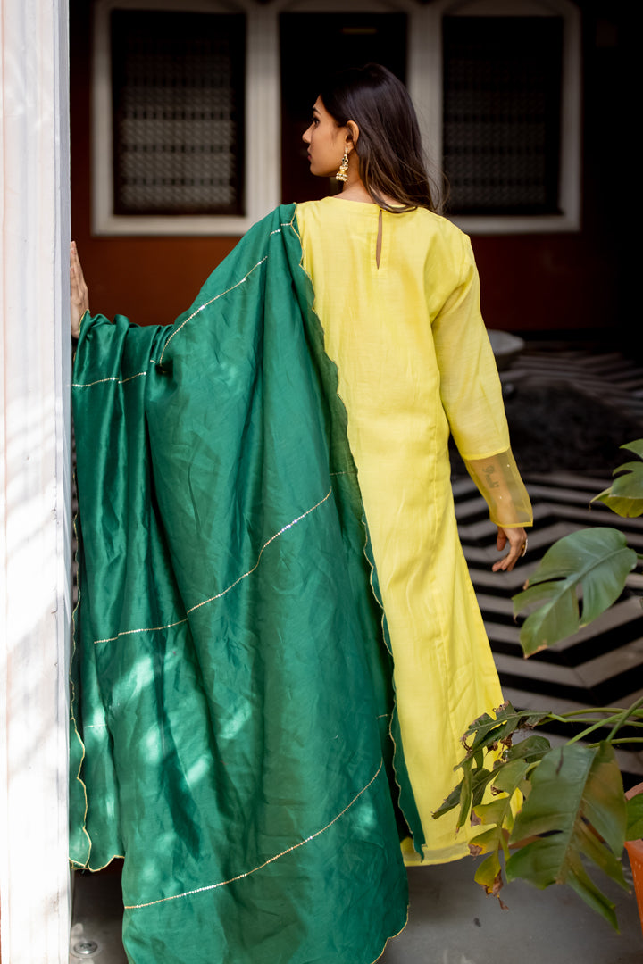 Juanita- Handwoven Chanderi Lime Colored Kurta