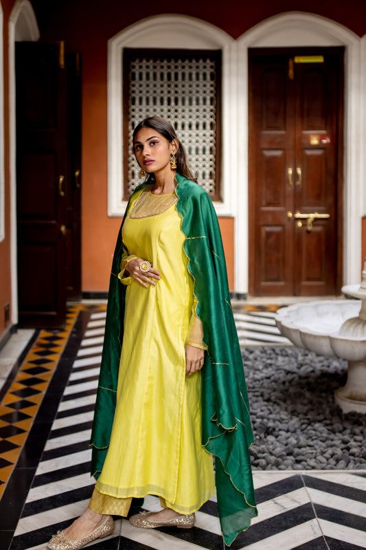 Juanita- Handwoven Chanderi Lime Colored Kurta