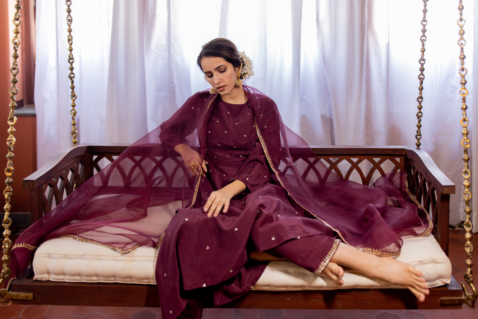 Juanita- Anarkali Handwoven Cotton Silk Gathered Sleeve
