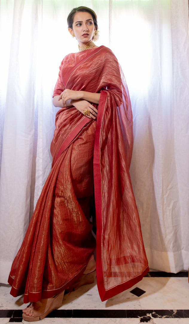 Juanita- Handwoven Maroon Colored Chanderi Tissue Saree