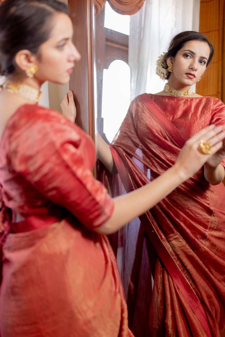 Juanita- Handwoven Maroon Colored Chanderi Tissue Saree