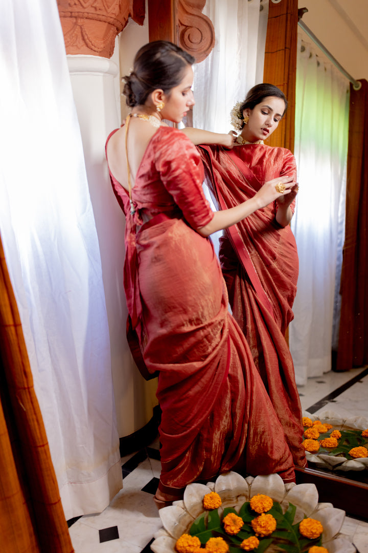 Juanita- Handwoven Maroon Colored Chanderi Tissue Saree