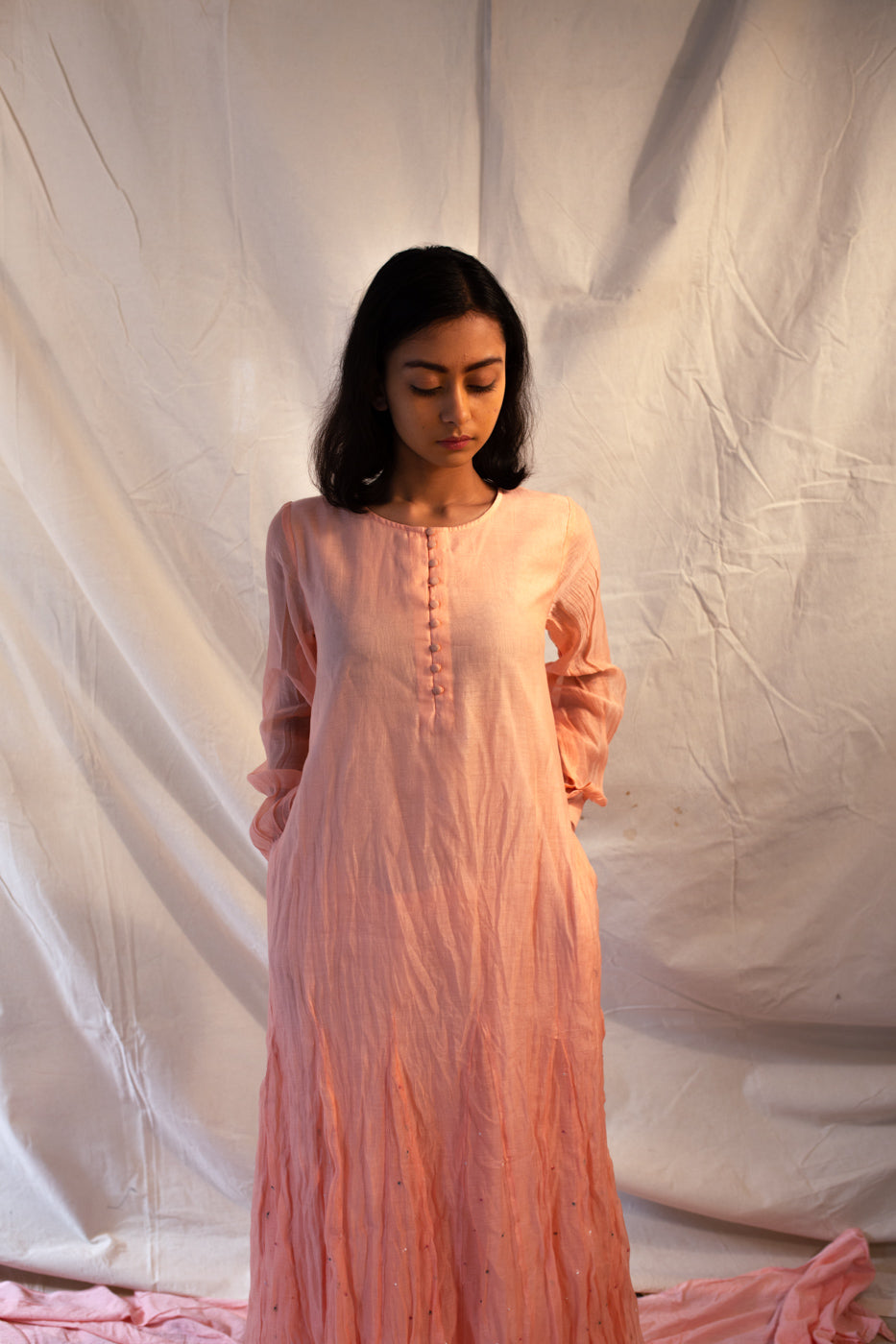Juanita- Classic Kurta Handwoven Chanderi Fabric (Peach Color)