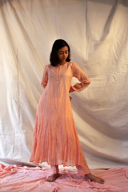 Juanita- Classic Kurta Handwoven Chanderi Fabric (Peach Color)