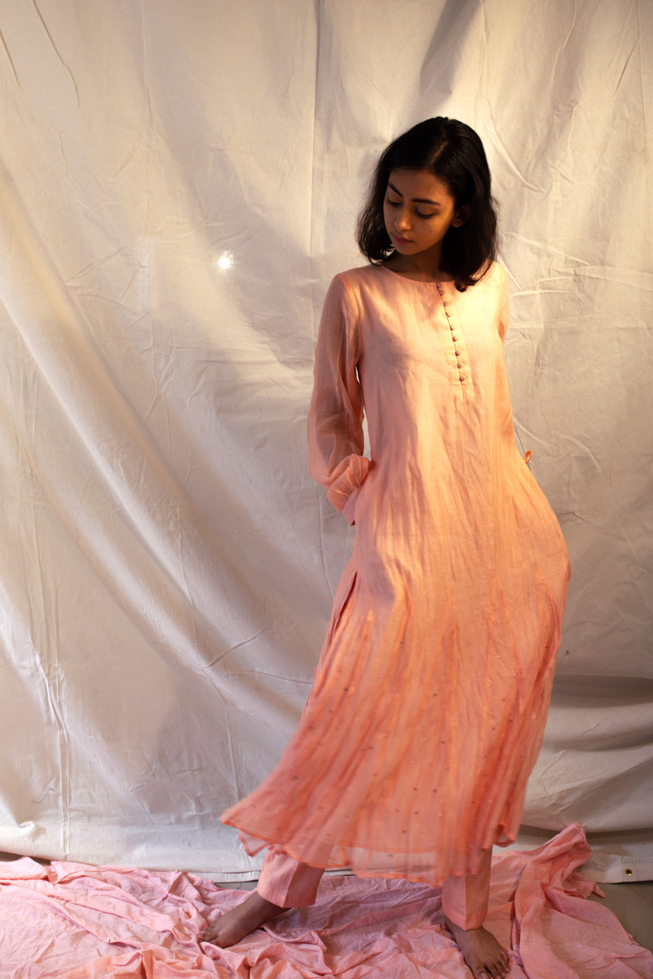 Juanita- Classic Kurta Handwoven Chanderi Fabric (Peach Color)