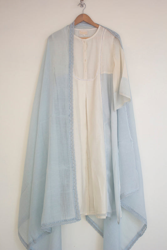 Juanita- Fabric ~Handwoven chanderi and handloom cotton- Ivory and powder blue