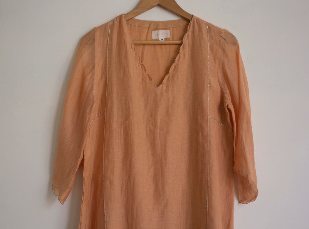 Juanita- Fabric ~Handwoven chanderi and handloom cotton- peach and invory