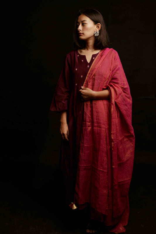 A PERFECT WINE COLORED HANDWOVEN COTTON SILK KURTA