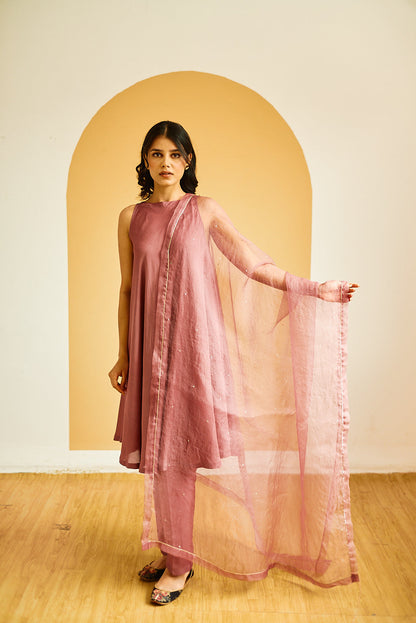 Juanita- Handwoven cotton silk flaired tunich paired with cotton trouser and organza duppata