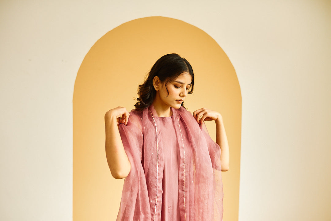 Juanita- Handwoven cotton silk flaired tunich paired with cotton trouser and organza duppata