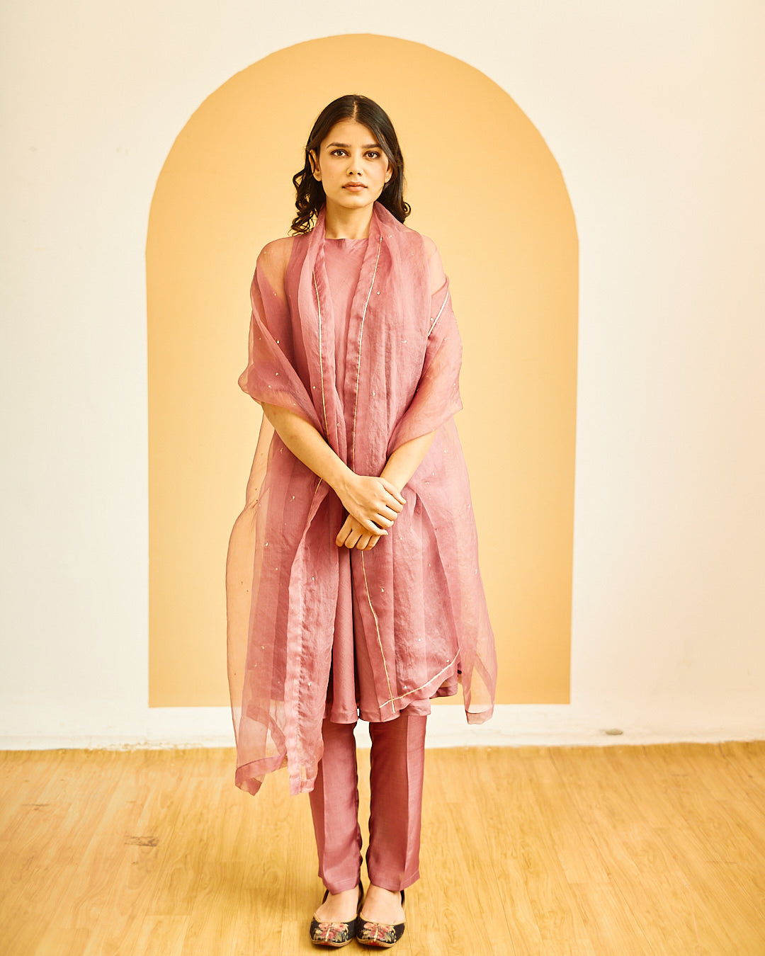 Juanita- Handwoven cotton silk flaired tunich paired with cotton trouser and organza duppata