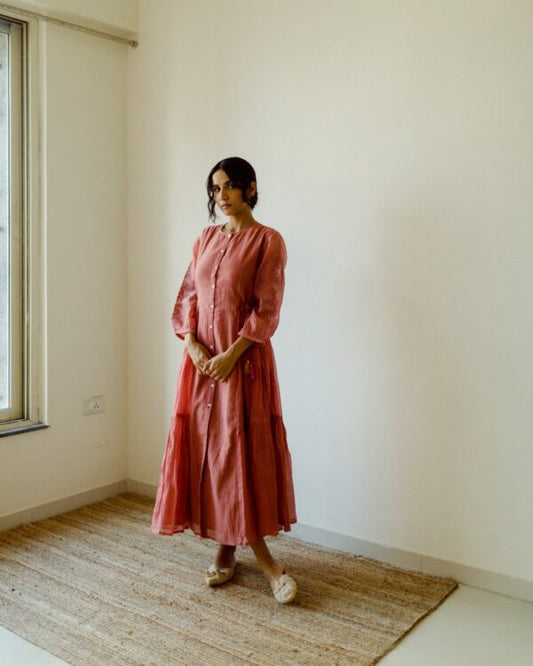 Juanita- Handwoven chanderi front open old rose side tier dress with tie up