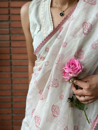 Juanita- Ivory elegant rose block printed saree