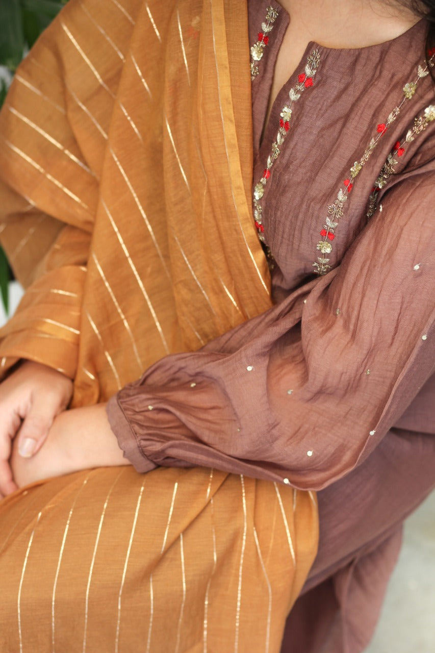 Juanita- Handwoven chanderi brown and ochre hue kurta set