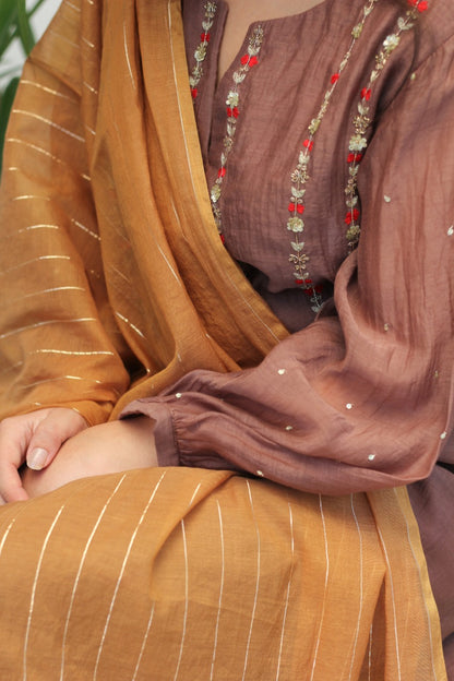 Juanita- Handwoven chanderi brown and ochre hue kurta set