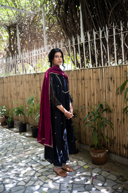 Juanita- BLACK AND WINE HANDWOVEN CHANDERI SET