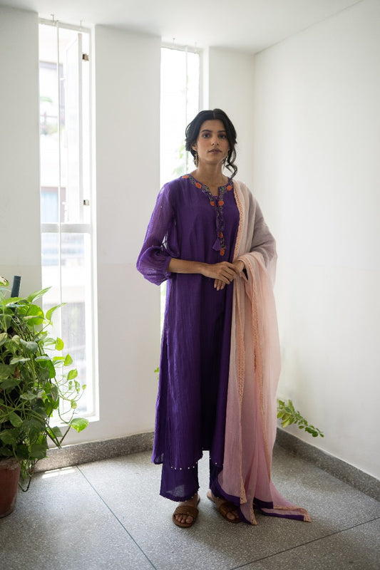 Juanita- Handwoven Banarsi Zari Dress Violet V Neck