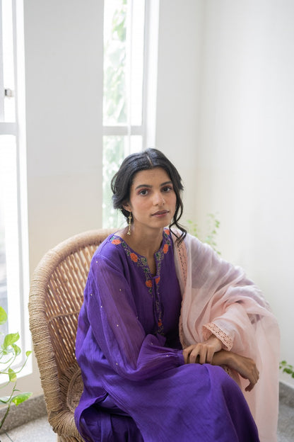 Juanita- Handwoven Banarsi Zari Dress Violet V Neck