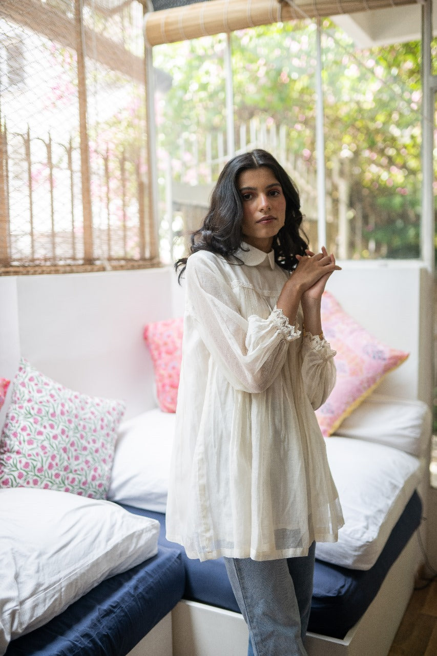 Juanita- Handwoven Chanderi Ivory Color Top with Gather on Sleeve