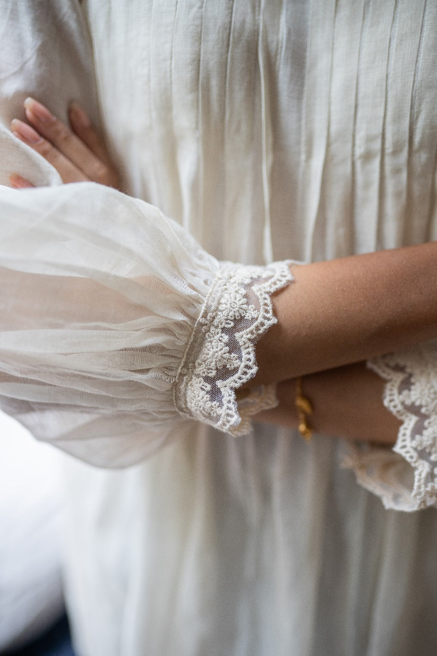 Juanita- Handwoven Chanderi Ivory Color Top with Gather on Sleeve