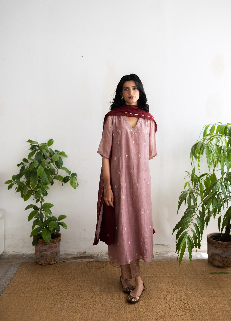 Juanita- Handwoven Chanderi Soft Old Rose Kurta