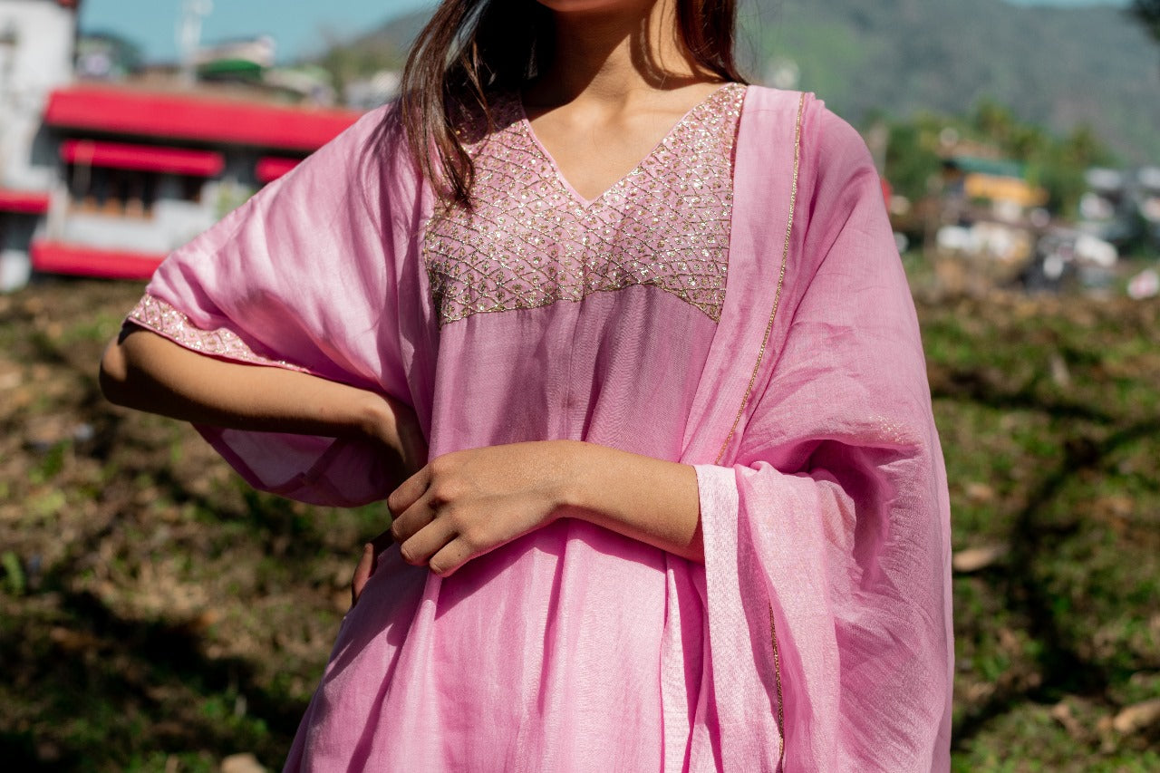 Juanita- Handwoven Chanderi kaftan style Pink Kurta