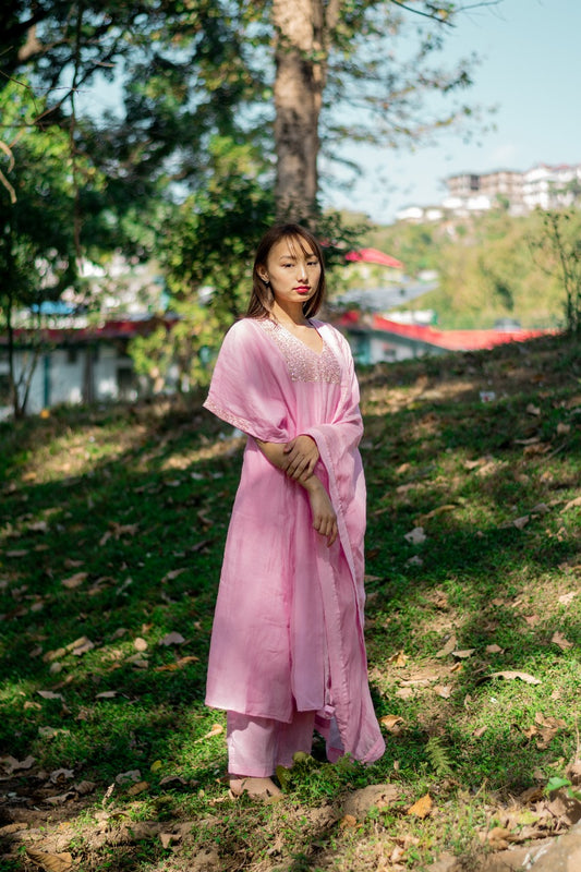 Juanita- Handwoven Chanderi kaftan style Pink Kurta