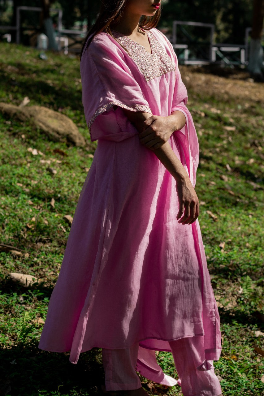 Juanita- Handwoven Chanderi kaftan style Pink Kurta
